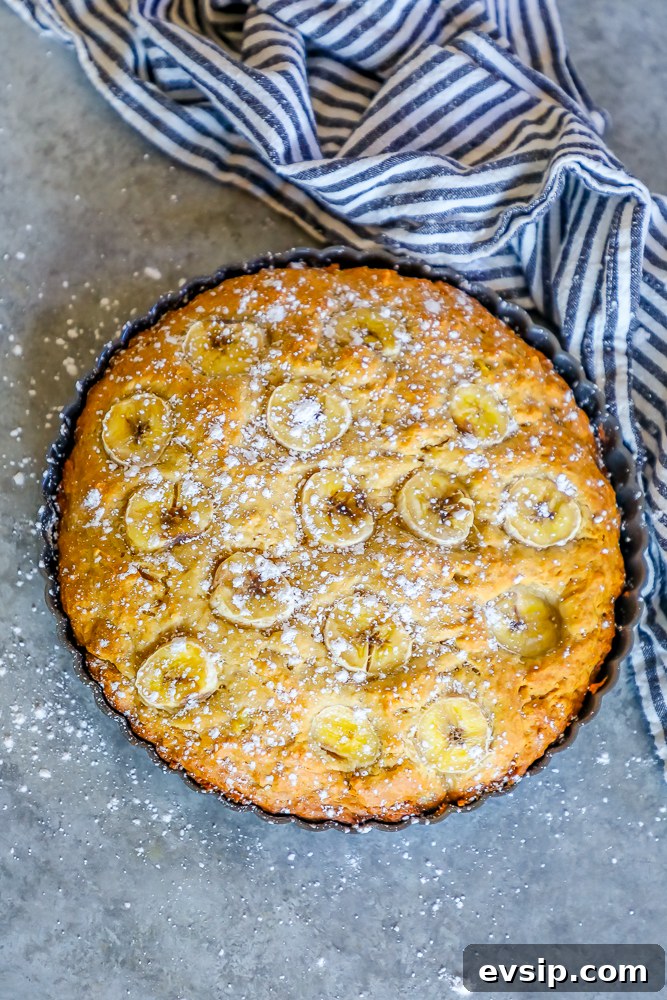 A banana cake with powdered sugar.