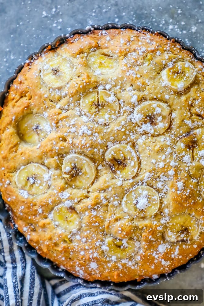 A banana cake with powdered sugar on top and an Apple Banana Bread Recipe.