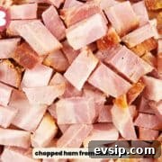 Ham chopped into cubes.