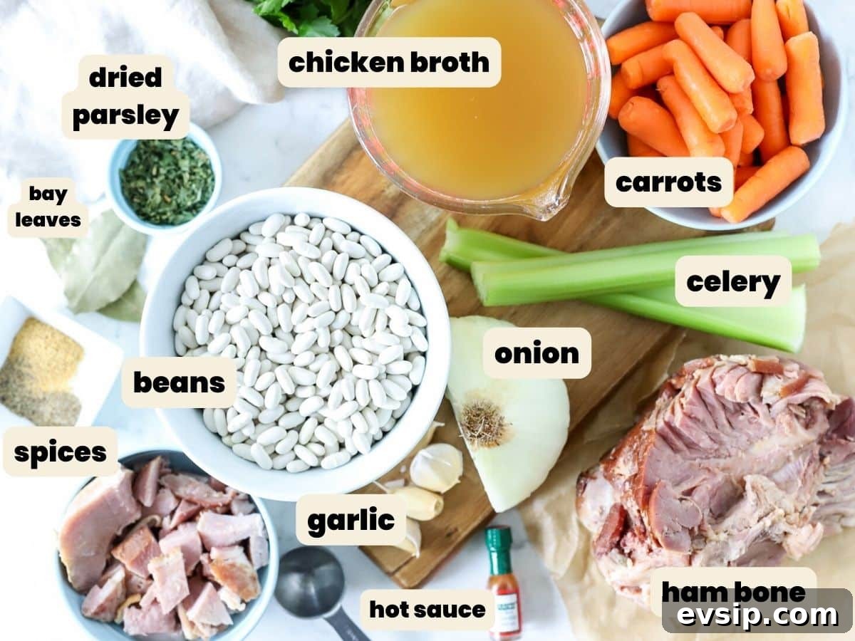 Ingredients for ham and bean soup.