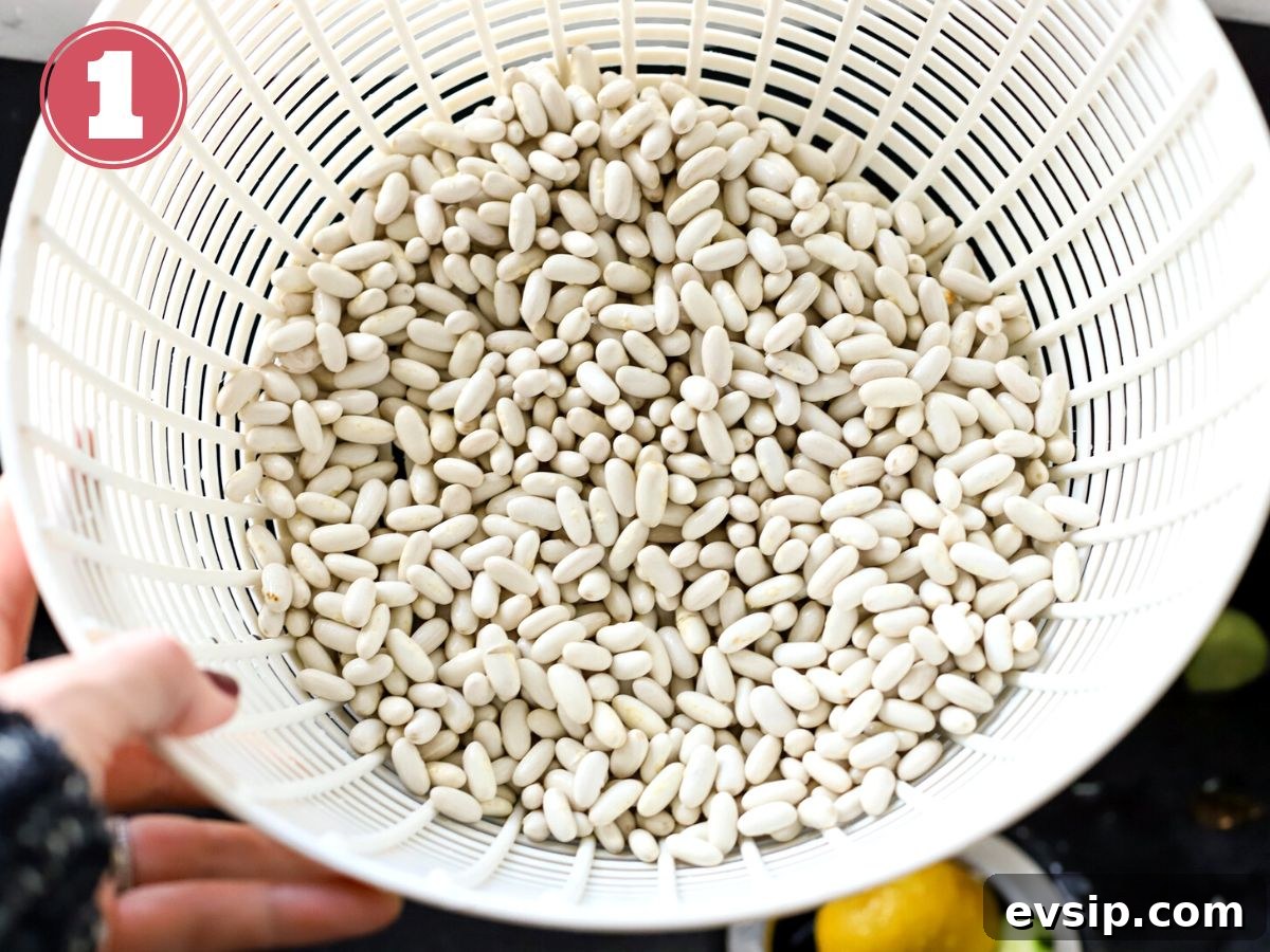 Great northern beans in a colander. 