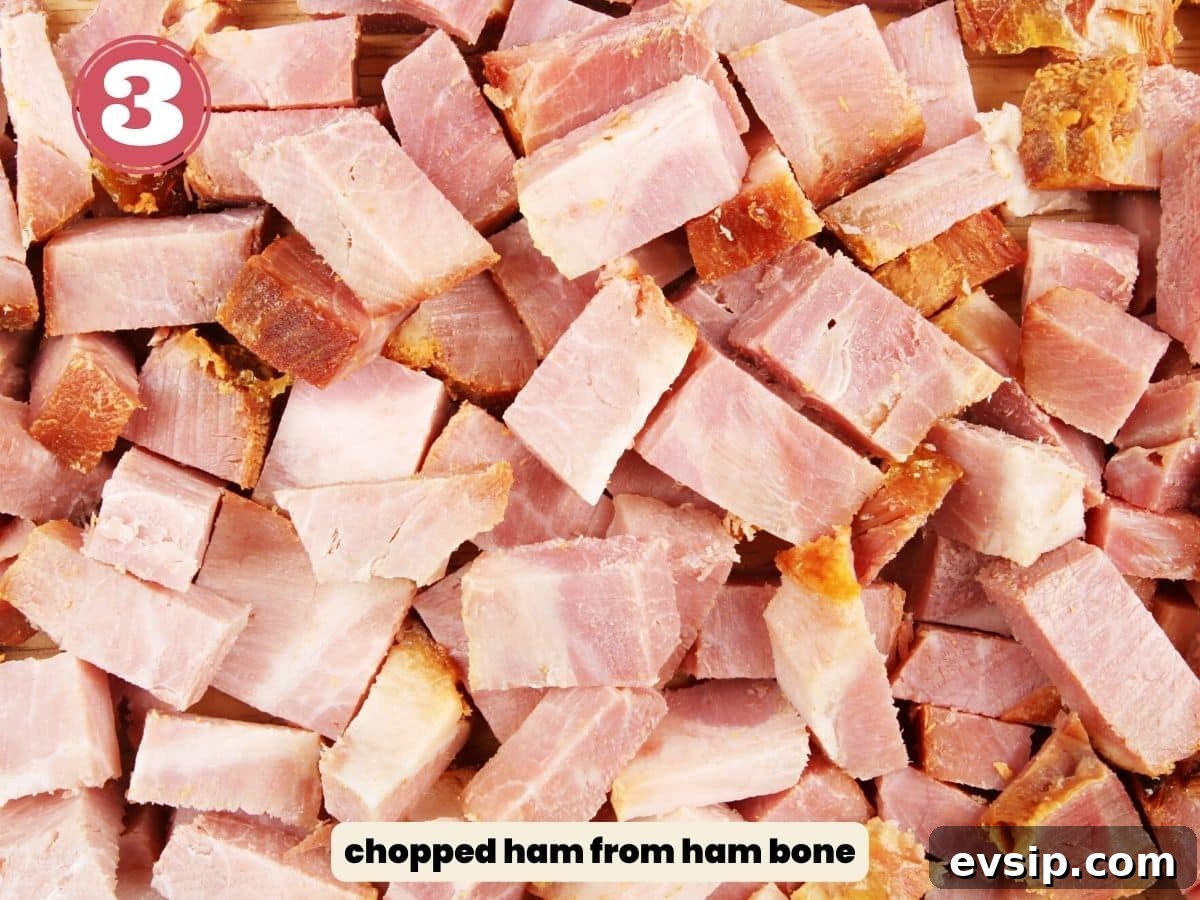 Ham chopped into cubes.