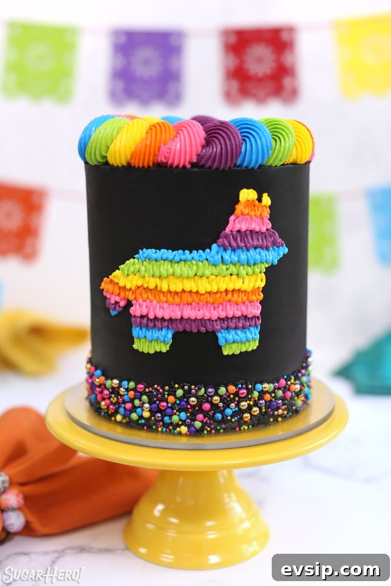 Piñata Cake Recipe with Video: Step-by-Step Guide 2 Black pinata cake decorated with neon buttercream design on a yellow cake stand