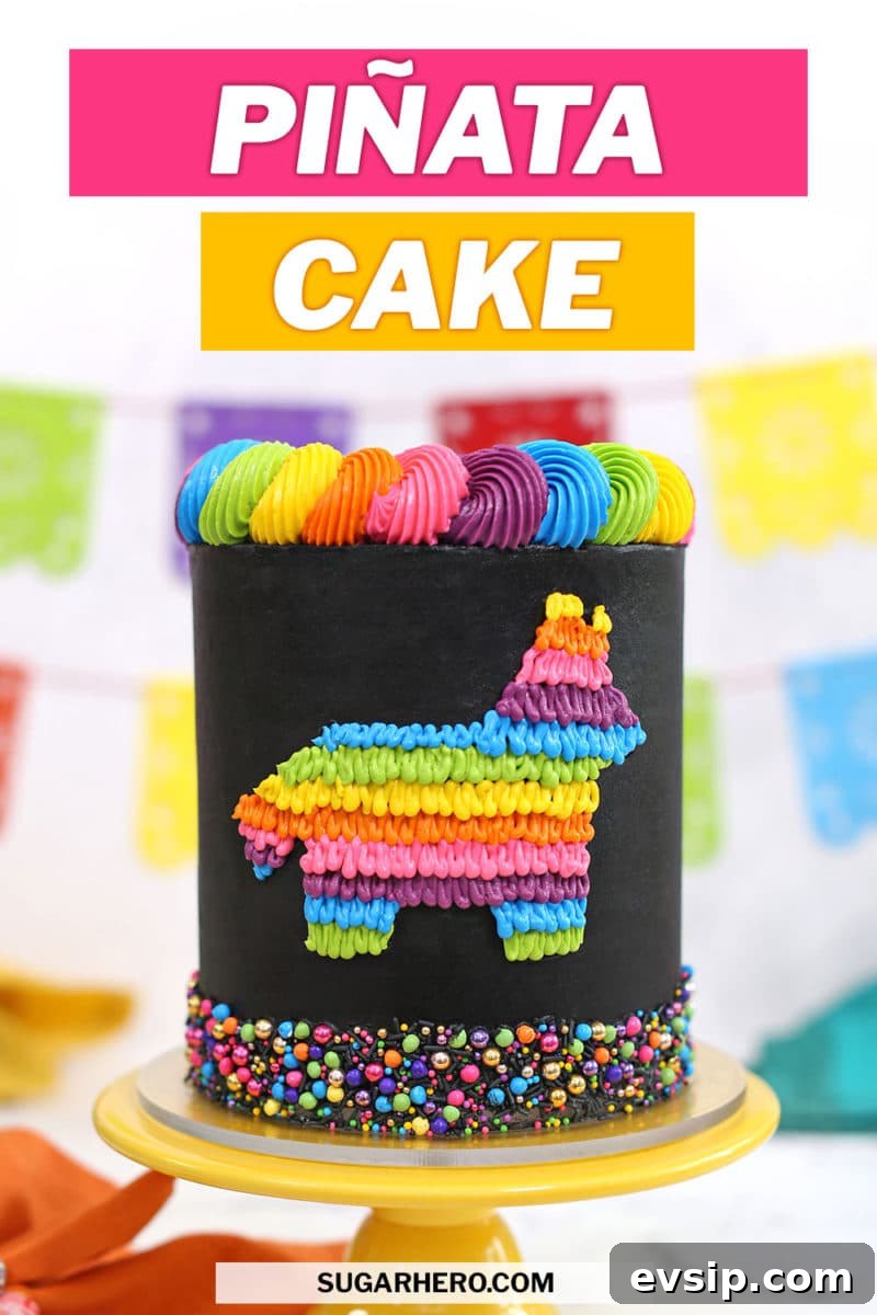 Piñata Cake Recipe with Video: Step-by-Step Guide 11 Picture of black and neon pinata cake with text overlay for Pinterest