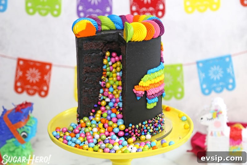 Piñata Cake Recipe with Video: Step-by-Step Guide 3 Chocolate pinata cake cut open, with colorful candy spilling out