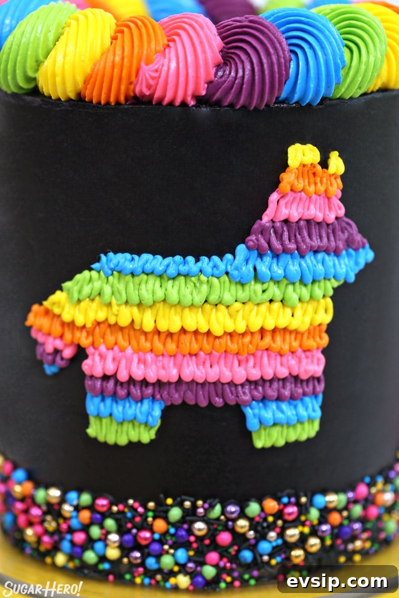 Piñata Cake Recipe with Video: Step-by-Step Guide 4 Close-up of the colorful neon donkey design on a black pinata cake