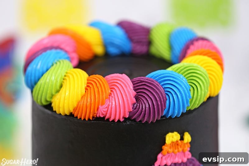 Piñata Cake Recipe with Video: Step-by-Step Guide 5 Close-up of a colorful neon buttercream border