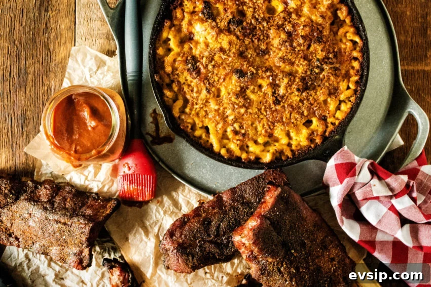 Smoky Jalapeño Mac and Cheese with Crispy Topping 2 Huge spread of cast iron mac and cheese and smoked ribs.
