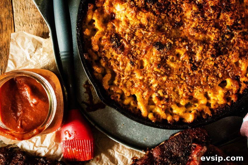 Smoky Jalapeño Mac and Cheese with Crispy Topping 4 Overhead shot of skillet full of creamy mac and cheese.
