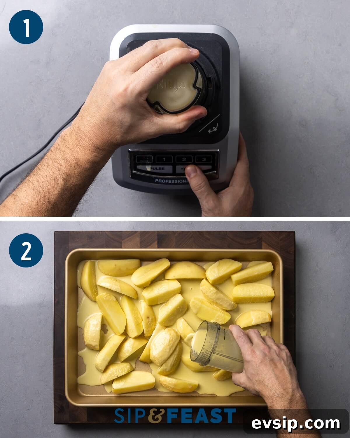Lemon Oregano Roasted Greek Potatoes 4 Greek potatoes recipe process collage one showing blending of the marinade and pouring it over large chunks of potatoes in baking pan.