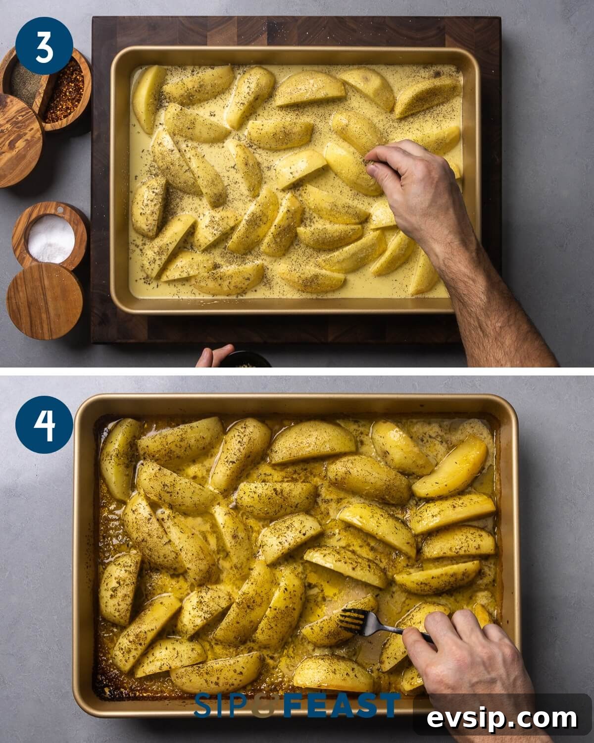 Lemon Oregano Roasted Greek Potatoes 5 Recipe collage group two showing seasoning of the potatoes and checking for doneness.