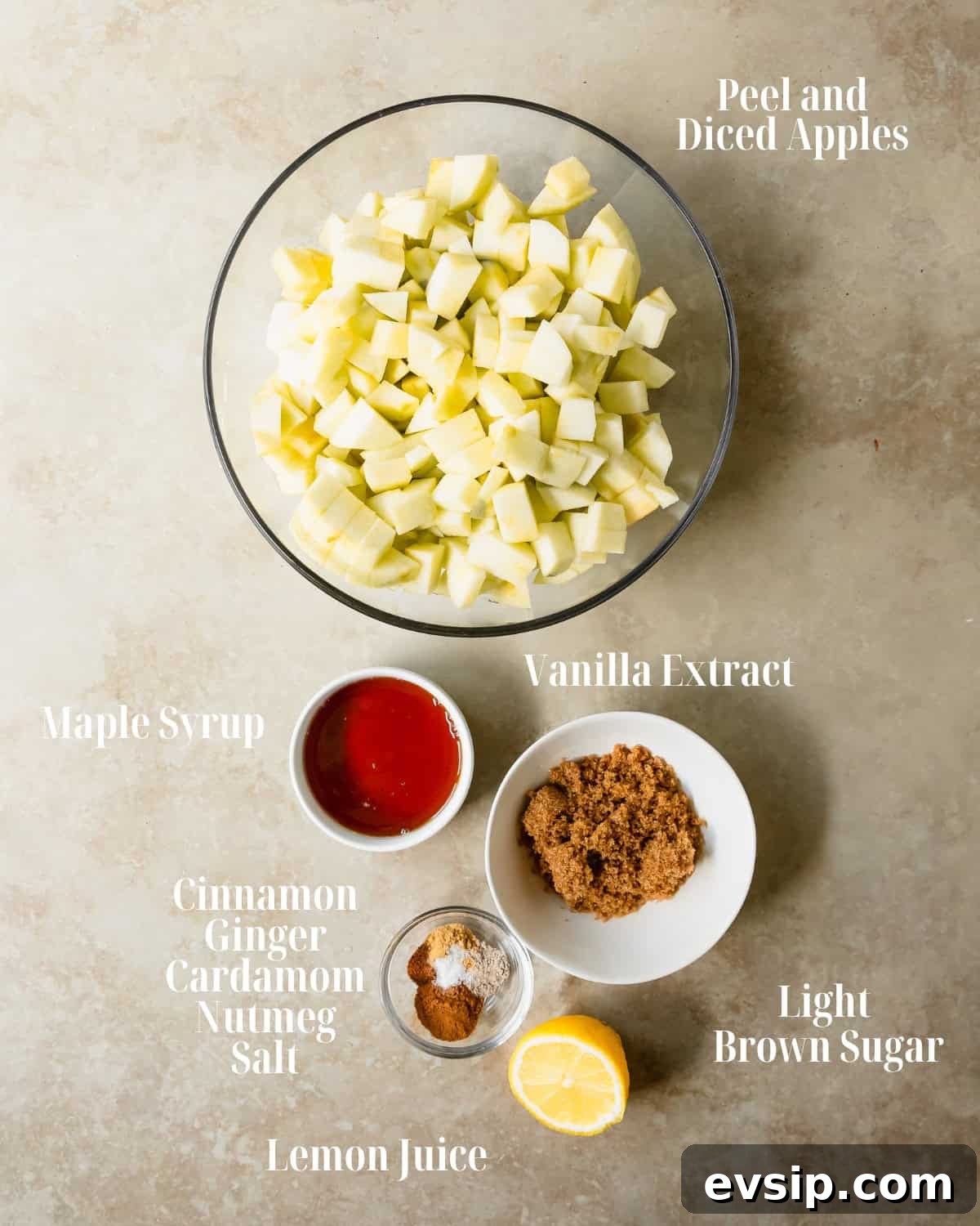 Ingredients:  Gather apples, light brown sugar, maple syrup, vanilla extract, cinnamon, and lemon juice. 