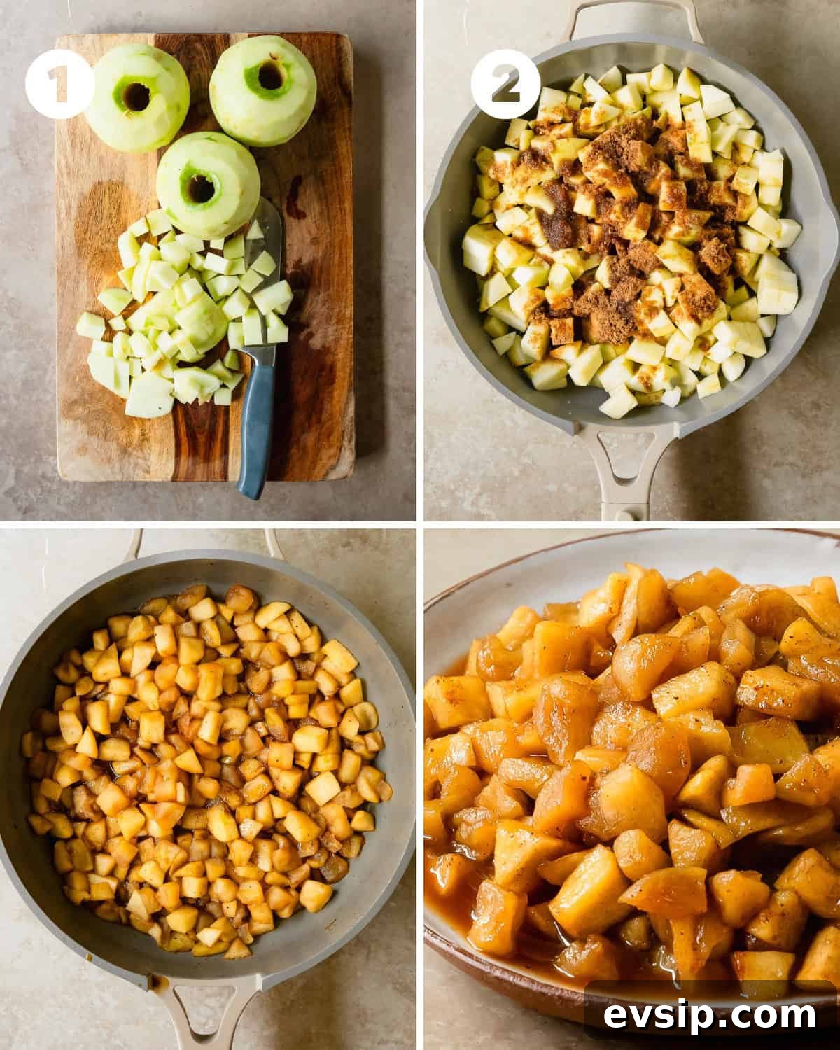 Peel the apples using a vegetable peeler, apple peeler or a knife. Core the apples using an apple corer or simply slice the apples into quarters and remove the core using a knife. Dice the apples into ¼ inch to ½ inch cubes. If this compote is being used as a filling for a pastry, I suggest dicing the apples in ¼ inch pieces. If you are using this apple compote as a topping, ½ inch pieces are perfect. 
Add the diced apples to a medium pan, pot or sauce pan. Top the diced apples with lemon juice, light brown sugar, maple, vanilla extract, ground spices and salt. Gently stir to fully mix the ingredients together. Heat the mixture over medium- high heat for about 8 - 10 minutes or until the apple begin to breakdown and release their juices. Reduce the heat to medium-low and cook for additional about 10 - 15 minutes, stirring fairly frequently to prevent the apples from sticking to the pan. Remove the apple compote from the heat. Transfer the stewed apple sauce to a serving dish or top your favorite breakfast or dessert with the spiced apple topping and enjoy.
