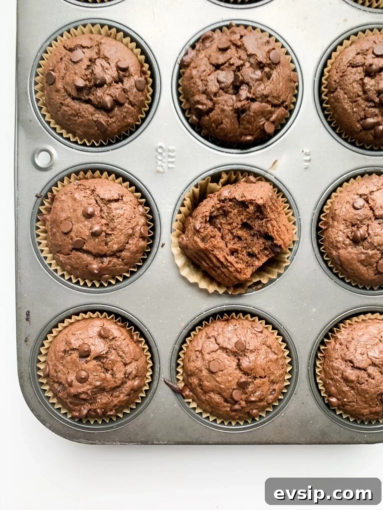 muffins in the pan still, one in the center with a bite taken out