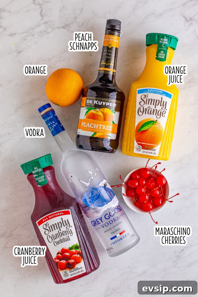 ingredients for sex on the beach recipe with text labels