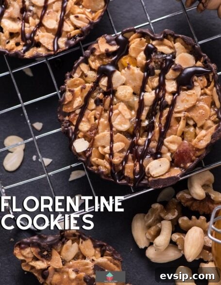 Crisp Florentine Cookies with Chocolate Drizzle Recipe 2 Florentine Cookies are a wonderful cookie type treat, with delicious nuts & fruit and coated on one side with white or dark or milk chocolate. Easy recipe!