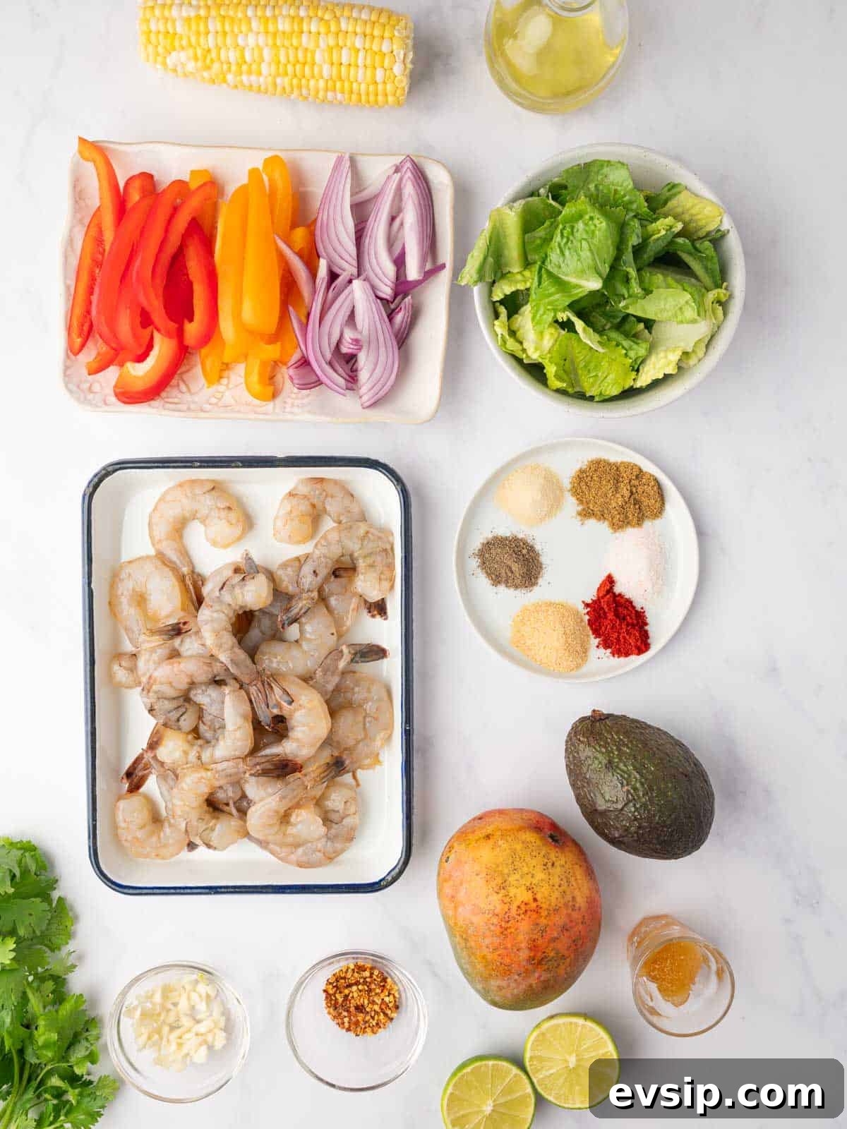 Ingredients needed for mango shrimp salad.