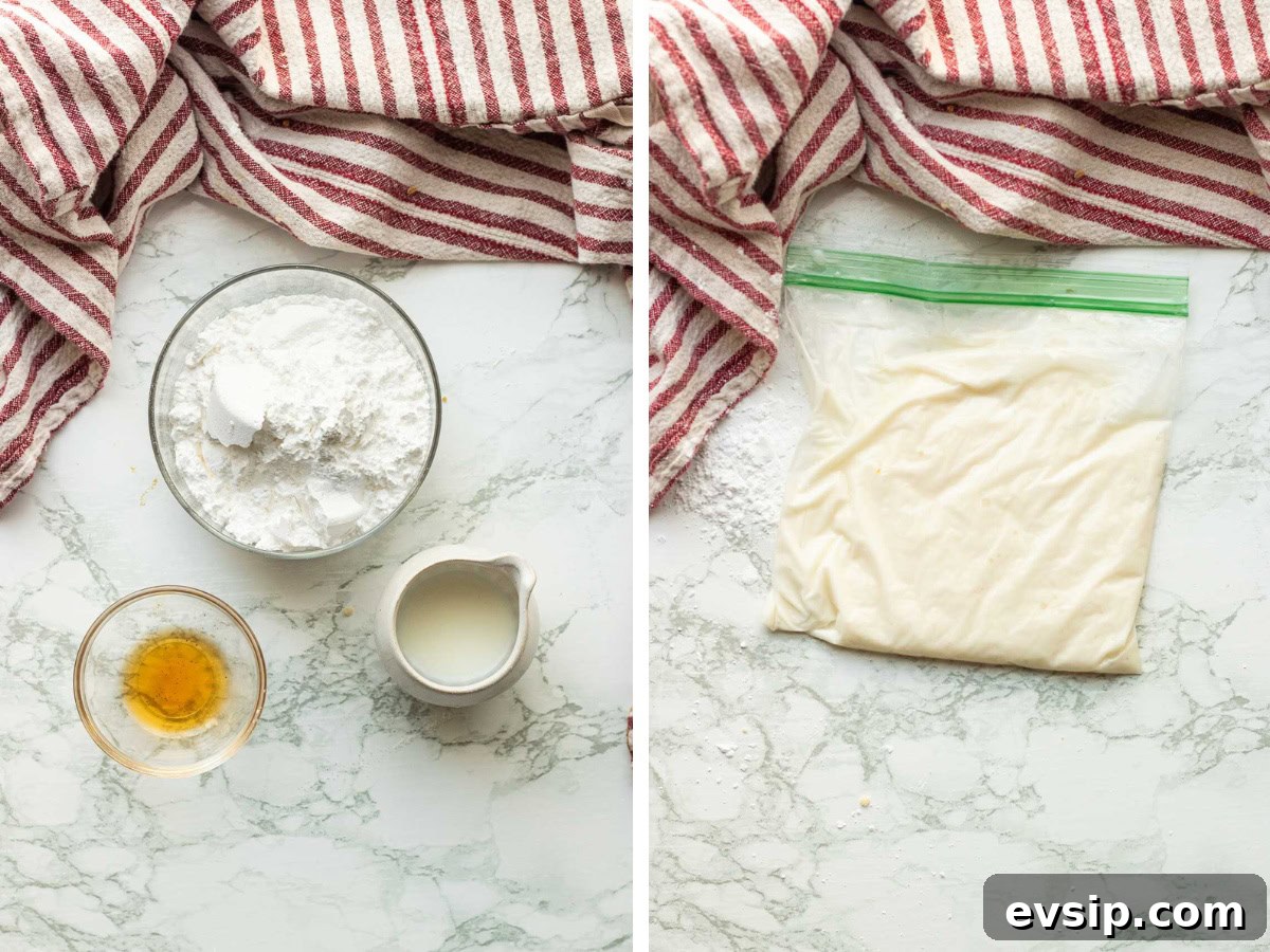 Powdered sugar, vanilla, and milk in glass dishes with bag full of icing.