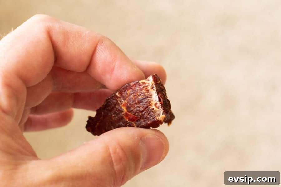 Beef jerky bent in half showing white fibers