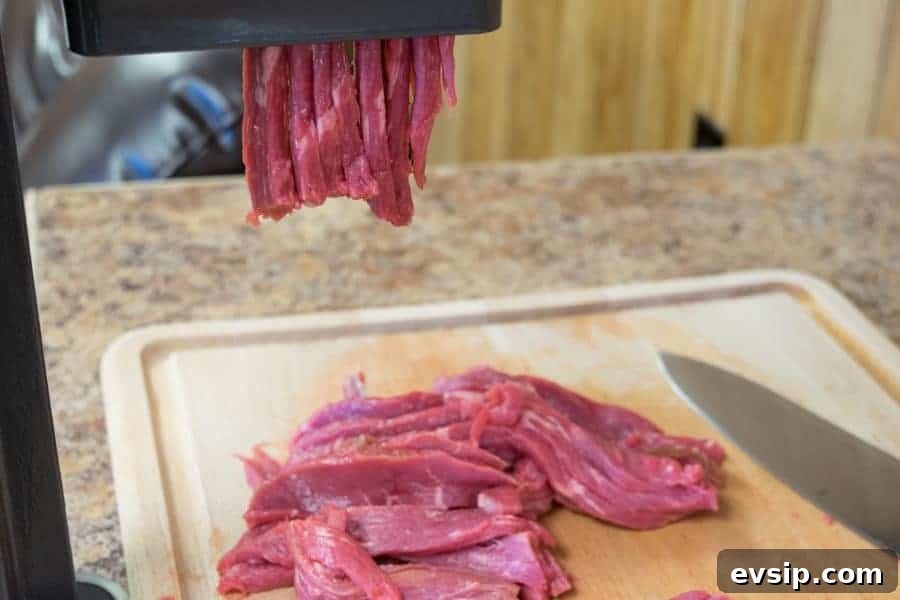 Beef Jerky slicer slicing beef for jerky onto a cutting board with knife