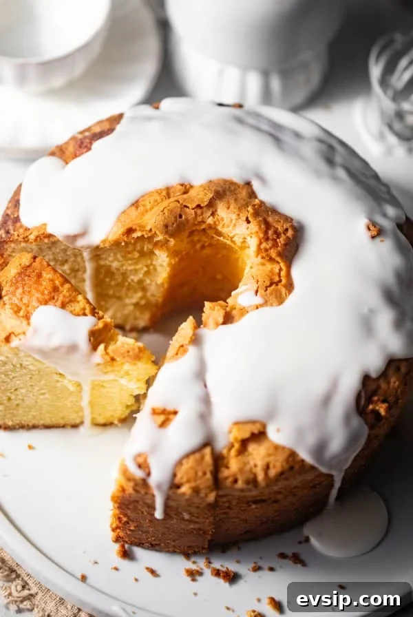 mile high pound cake with vanilla glaze on top.