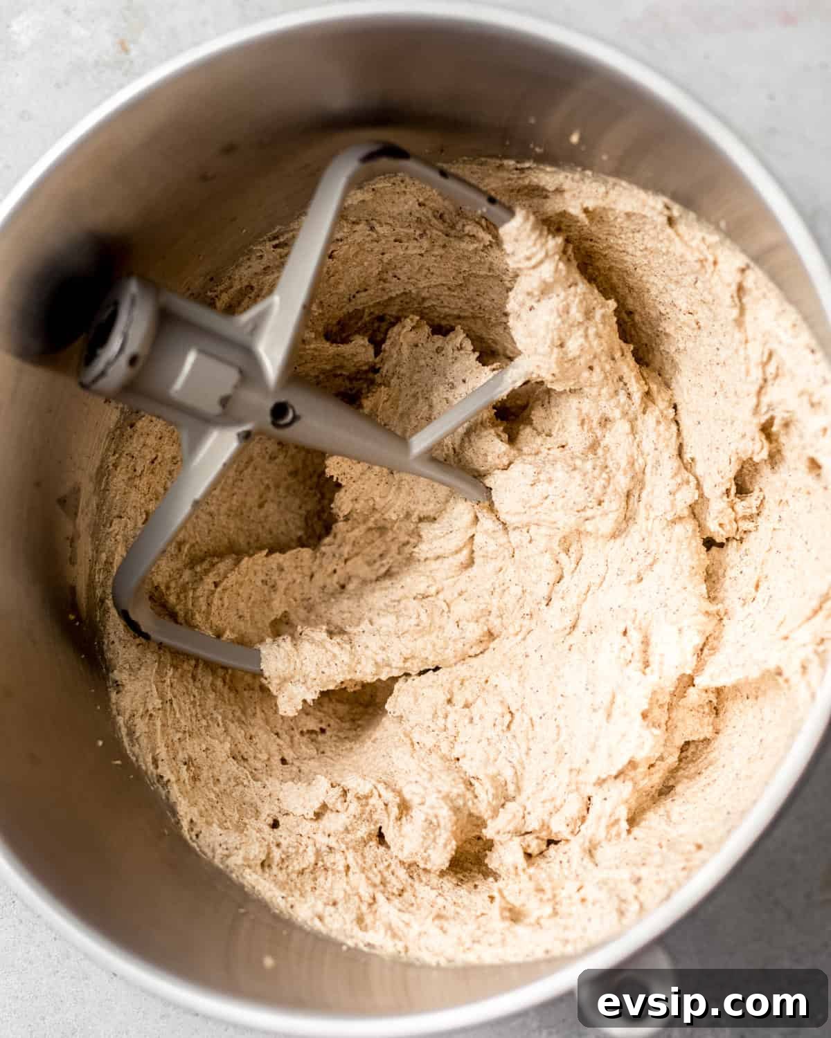 browned butter, sugar, and brown sugar creamed together in the bowl of a stand mixer.
