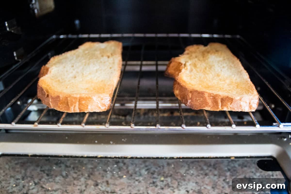 Two slices of bread being toasted directly on the wire rack inside an oven, with a granite countertop visible below the open oven door.