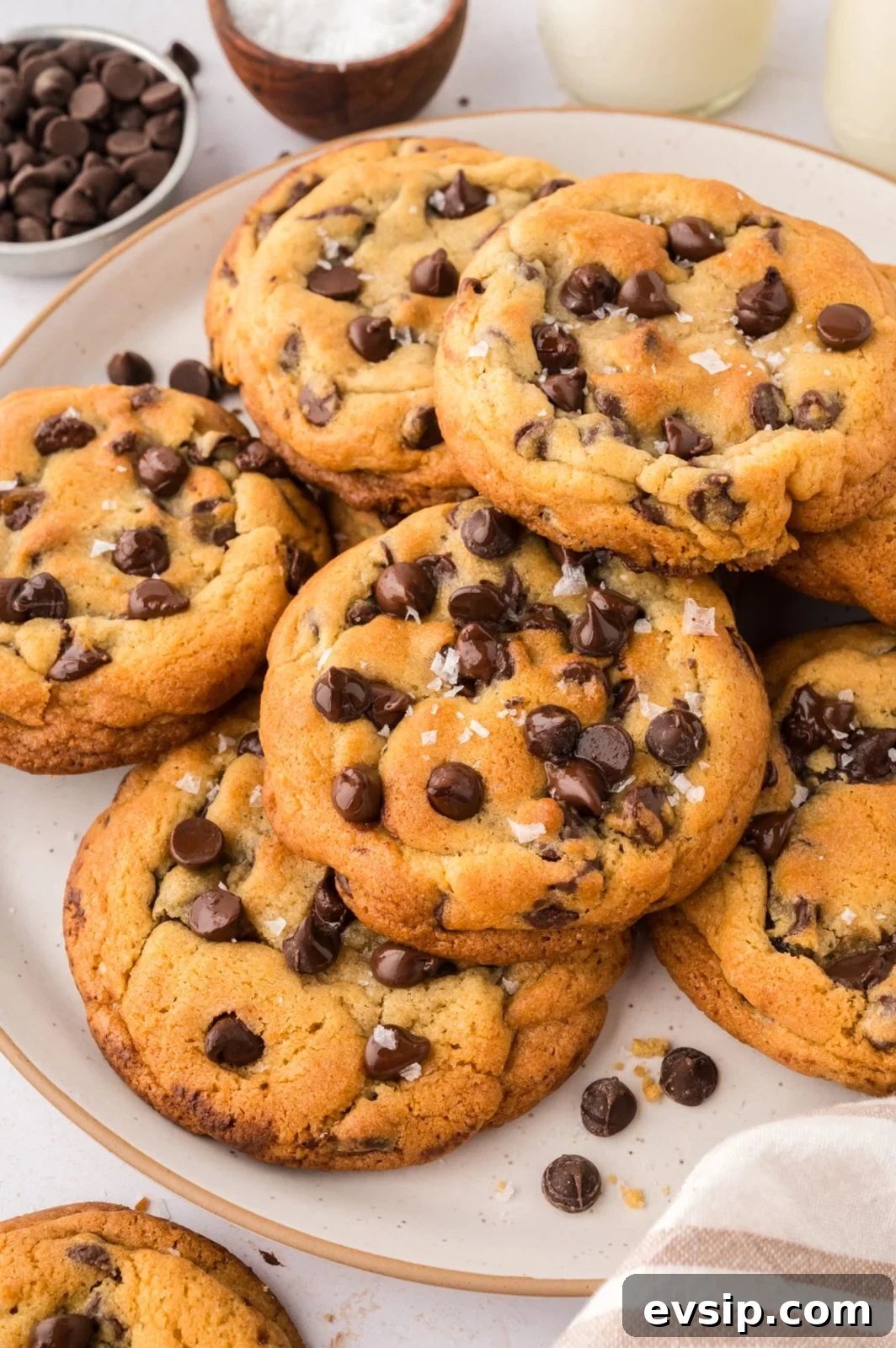 baked chocolate chip cookies with flaky salt on top. 