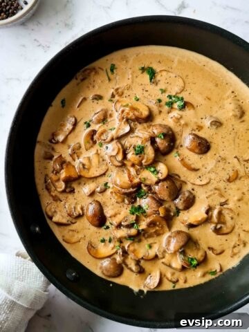 Creamy mushroom sauce in a black pan