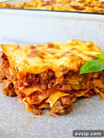 Sideview of a slice of lasagna showing all 4 layers. A tray of lasagna in the background, blurred