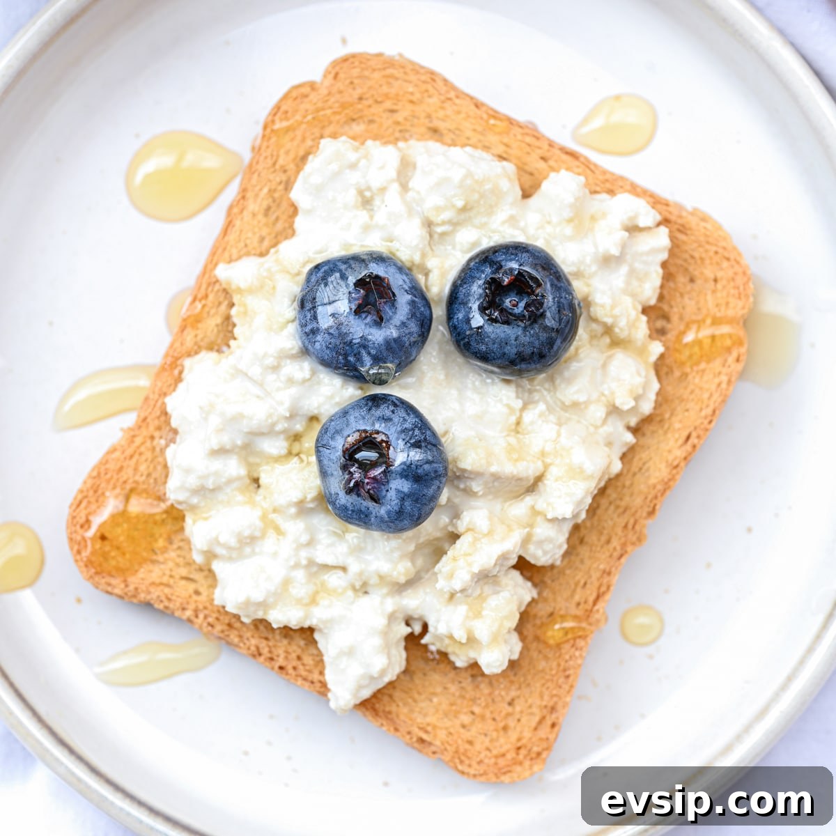 15 Delicious Cottage Cheese Recipes for Every Meal 19 Dairy-free cottage cheese over a slice of toasted bread, topped with fresh blueberries and a drizzle of honey