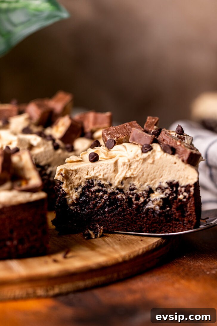 Decadent Snickers Dessert Cake Recipe for Chocolate Lovers 2 Taking a slice out of the snickers cake.