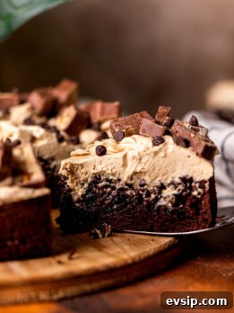 Decadent Snickers Dessert Cake Recipe for Chocolate Lovers 11 Taking a slice out of the snickers cake.