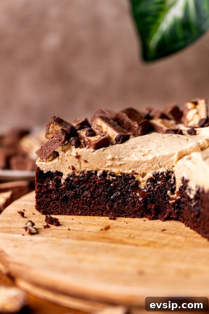 Decadent Snickers Dessert Cake Recipe for Chocolate Lovers 3 Side view of the snickers cake.