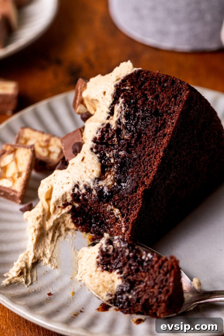 Decadent Snickers Dessert Cake Recipe for Chocolate Lovers 9 One slice of cake on a plate on its side.