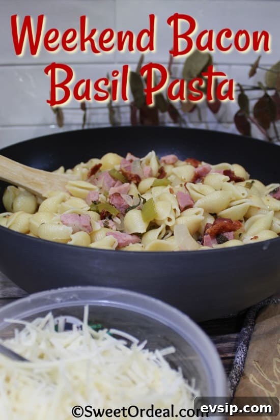 Large shell pasta with ham, green onions, and bacon.
