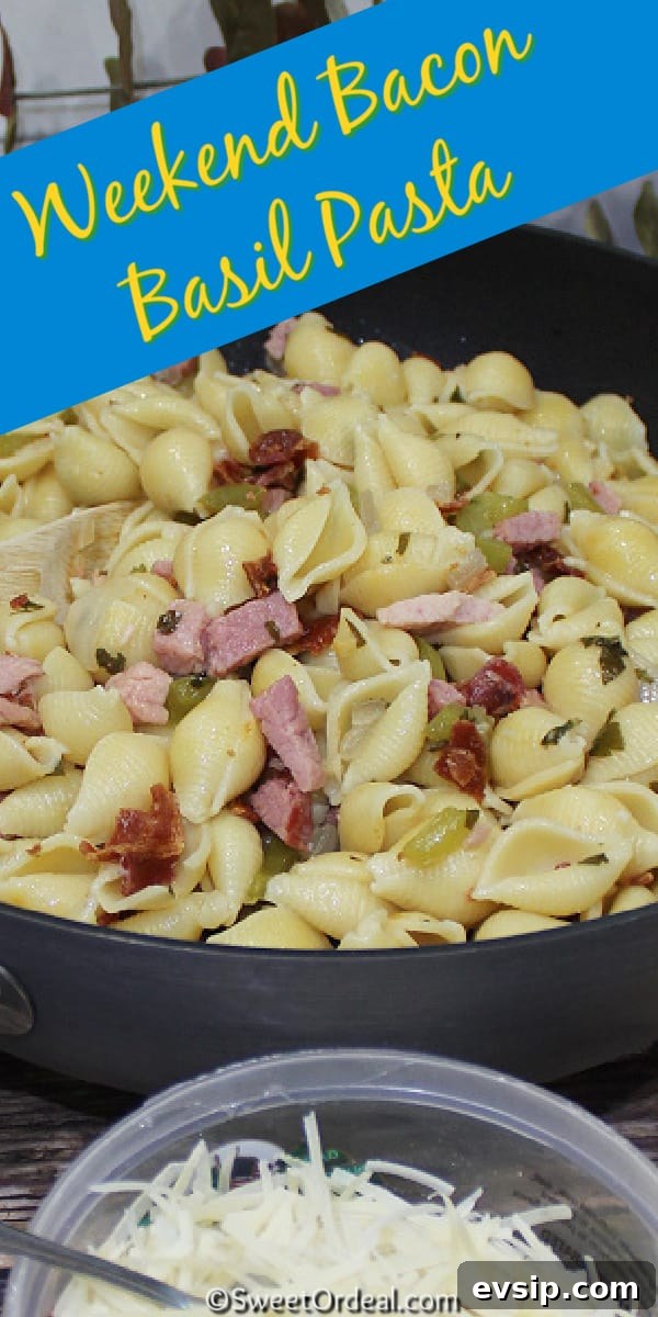 Cubed ham and fresh sweet basil with large shells and Parmesan cheese.