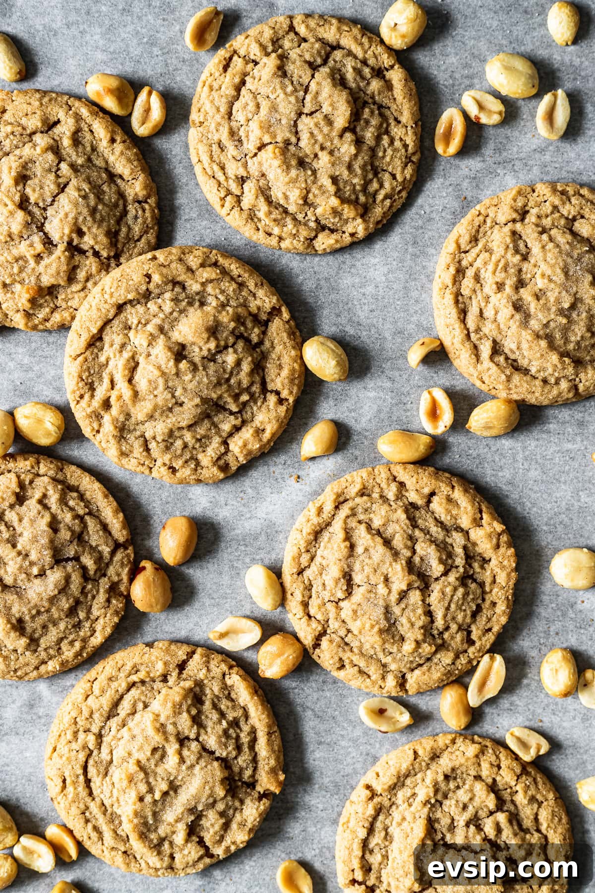 Almond flour peanut butter cookies on parchment paper. Peanuts are sprinkled around the cookies.