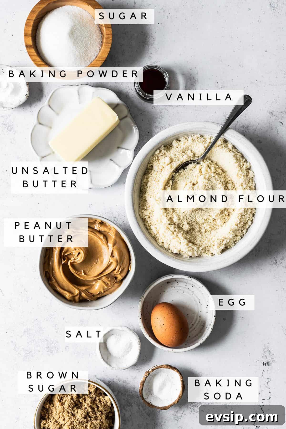 Cookie ingredients in bowls.