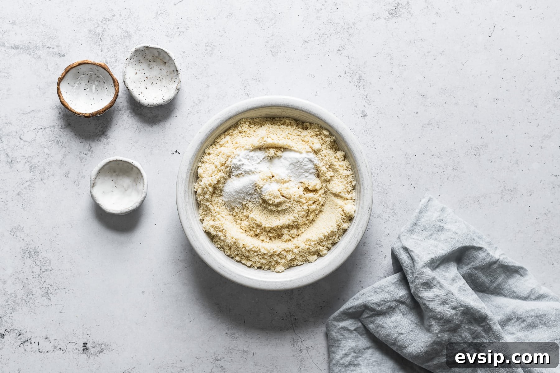 Process photo of cookie dough with dry ingredients mixed together in a white ceramic bowl on a white stone surface.