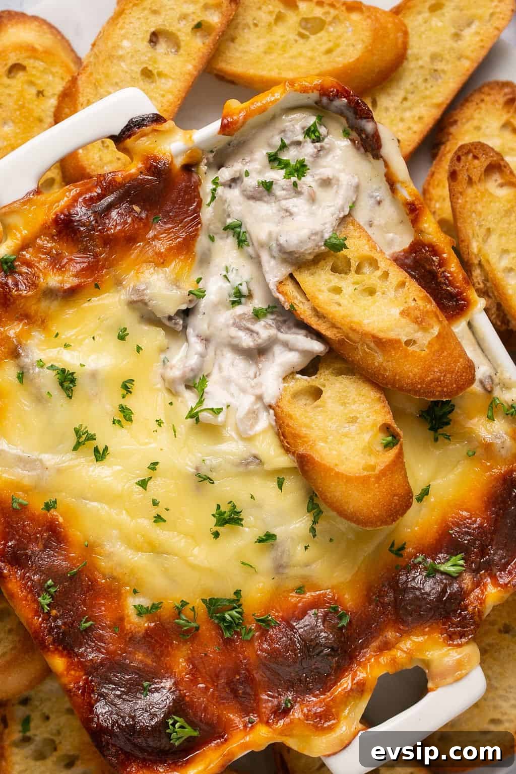close up of Philly cheesesteak dip
