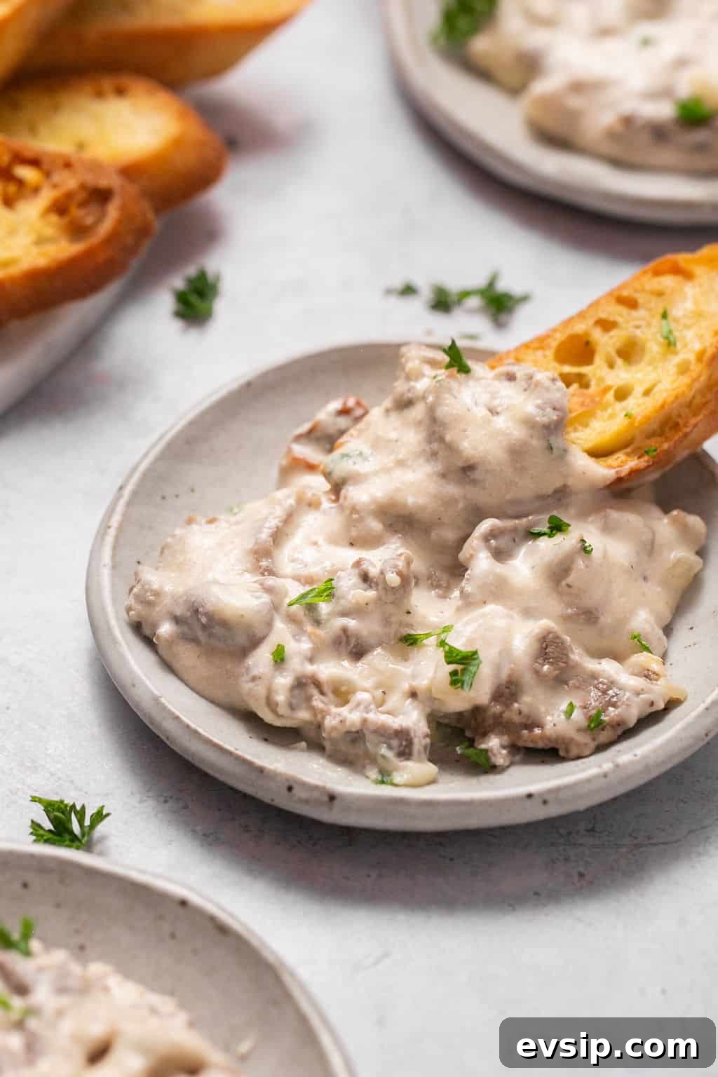 Philly cheesesteak dip on little plates with bread
