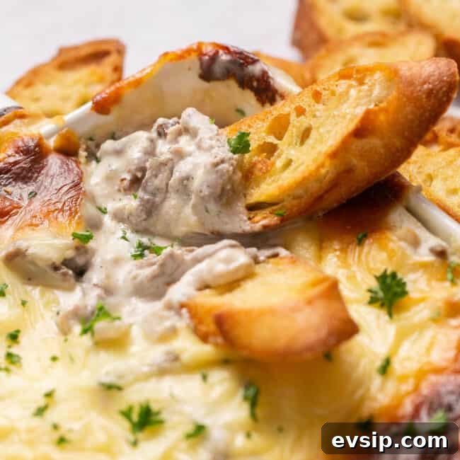 Philly cheesesteak dip with slide of bread