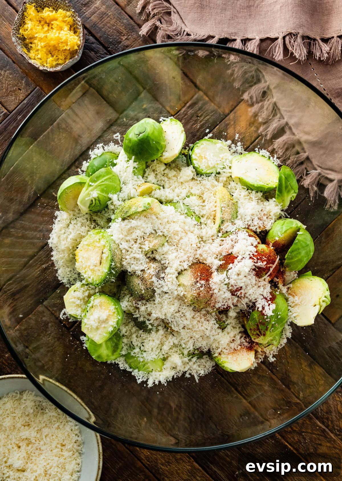 How to make Parmesan Brussels Sprouts Recipe step-by-step with photos: add the cheese and seasonings.