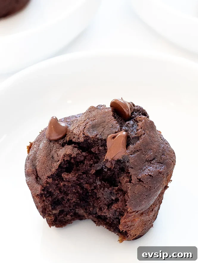 A chocolate banana muffin on a white plate.
