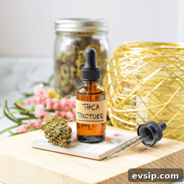 Cannabis Trichomes Explained: How They Affect Potency and Flavor 18 A white countertop with a brown tincture bottle labeled THCA tincture