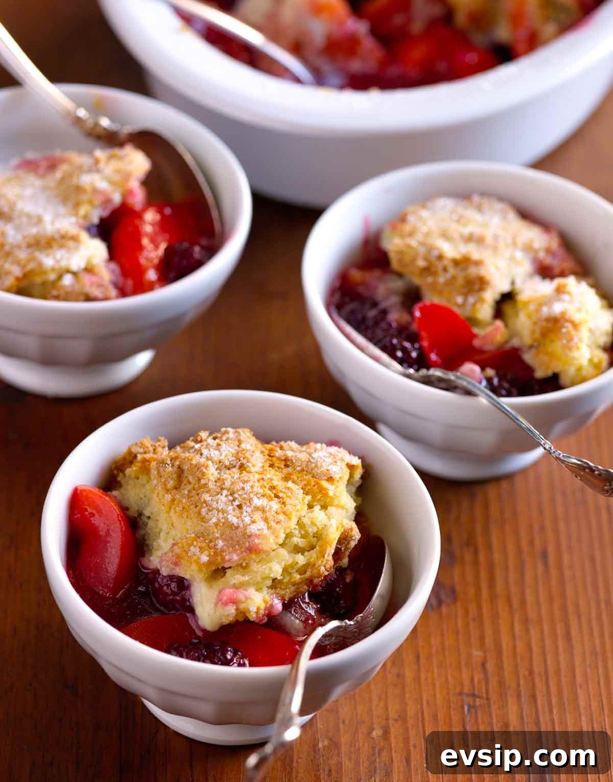 Small white bowls with spoons, filled with apricot and blackberry compote, covered with dollops of sugared biscuit topping.