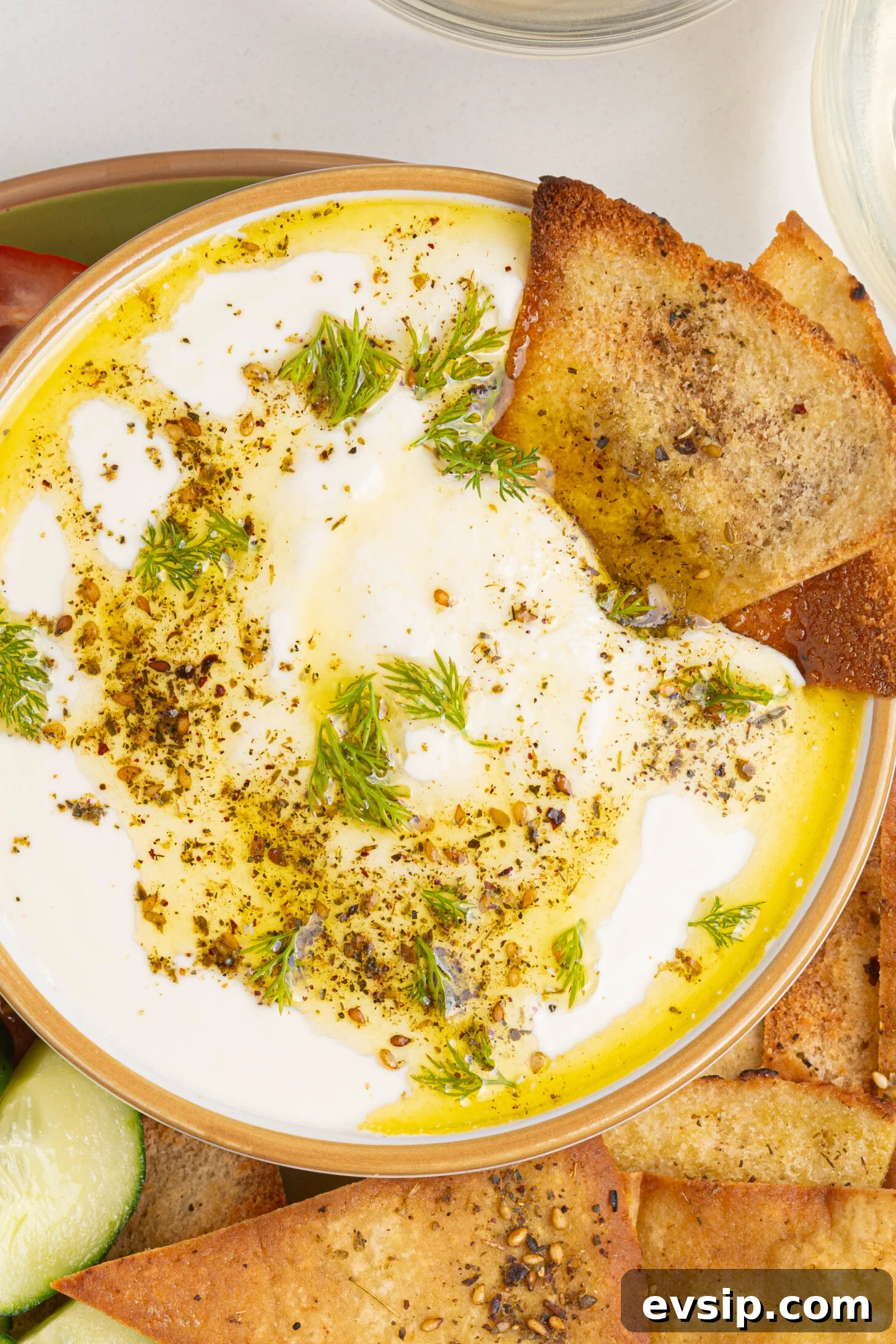 A bowl of creamy whipped feta dip.