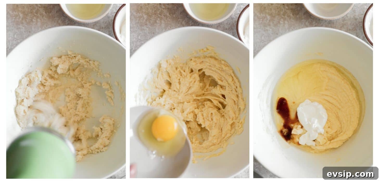 Three steps to creaming wet ingredients for baked goods; in photo 1, a mixer is beating butter and sugar in a white bowl on a beige counter. In photo 2, a hand is pouring eggs into the butter-sugar mixture. In photo 3, the bowl has sour cream and vanilla in it.