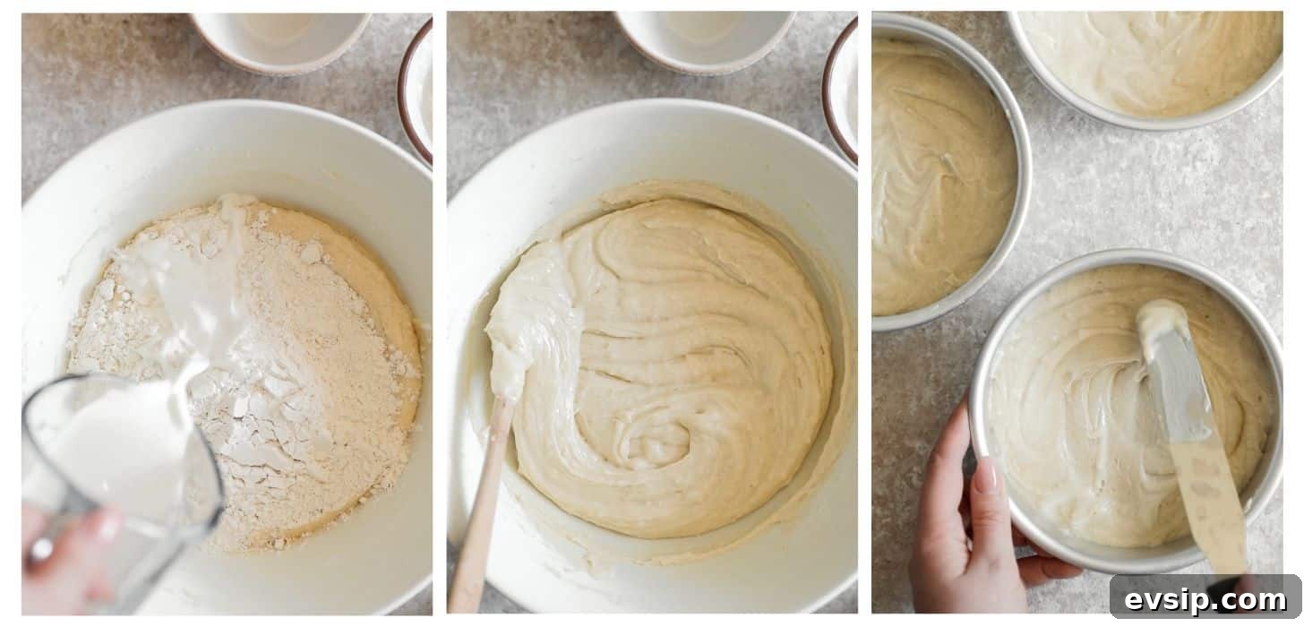 Three steps to making cake batter; in photo 1, a hand is pouring milk into a white bowl of cake batter on a beige counter. In photo 2, a hand is mixing the batter. In photo 3, a hand is spreading the batter in a cake pan.